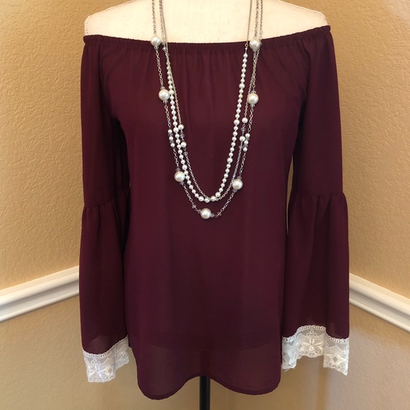 2 Hearts Tops - 2Heart maroon blouse with lace sleeves